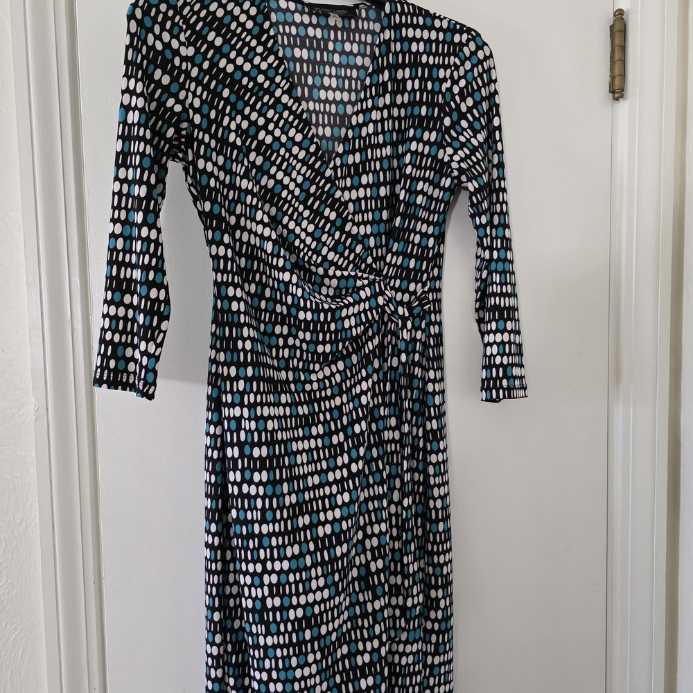 Black Long-Sleeve Wrap Dress with White and Teal Dot Print